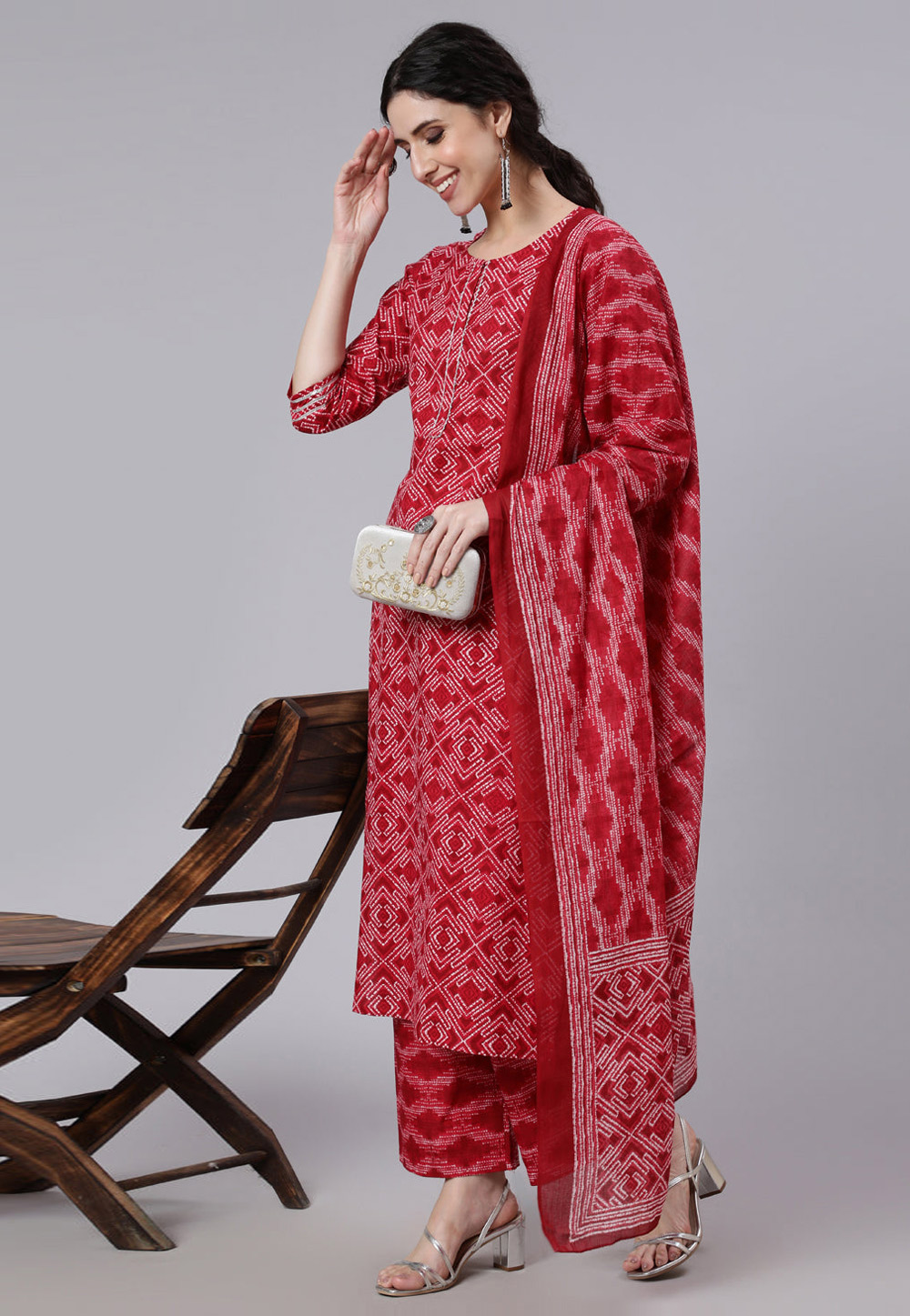 Red Cotton Readymade Palazzo Suit 282122