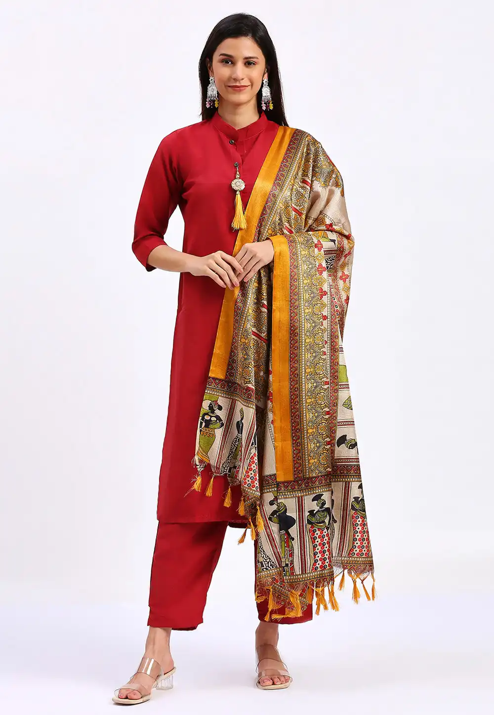 Red Cotton Readymade Pant Style Suit 290559