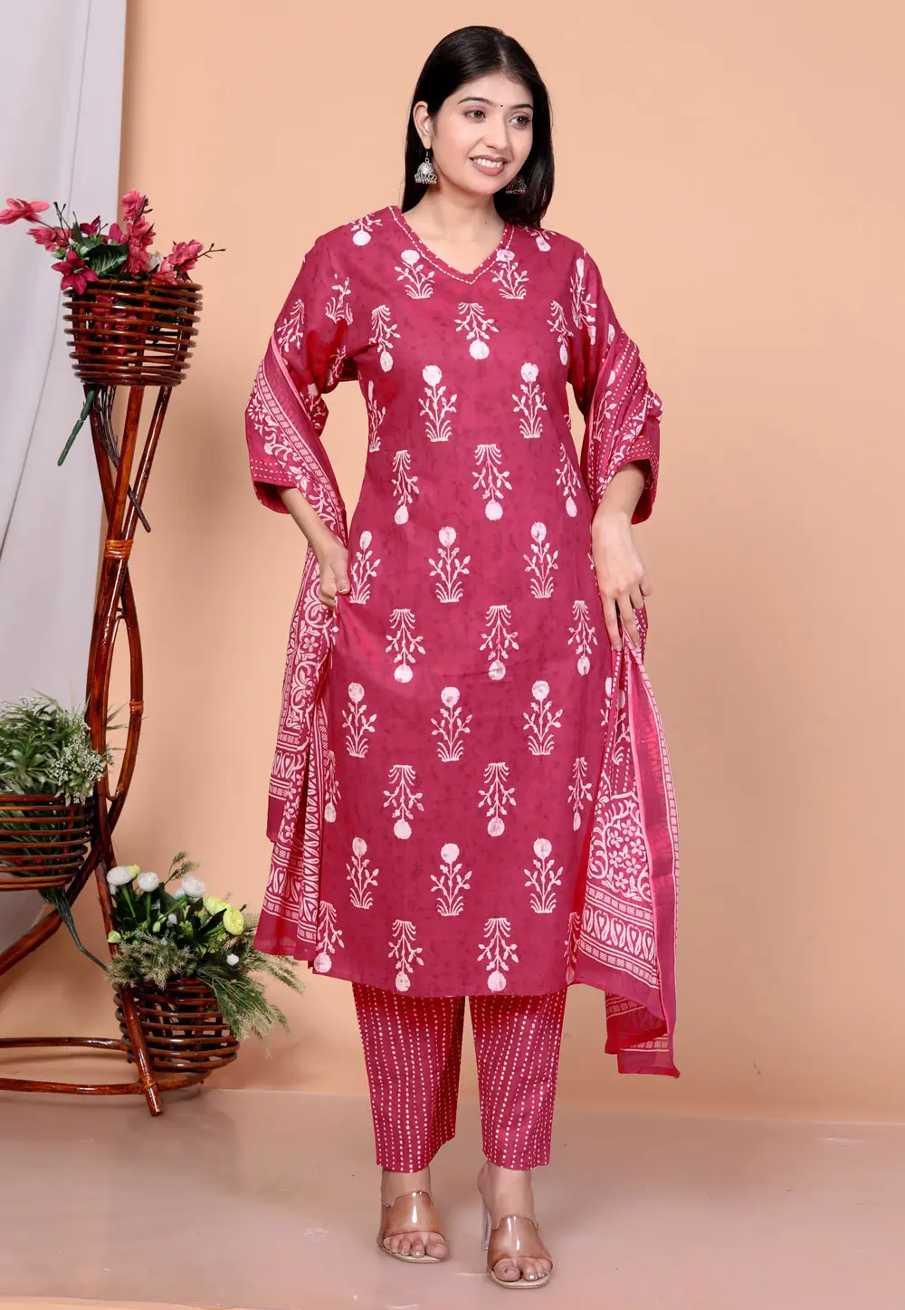 Red Cotton Readymade Pant Style Suit 304598