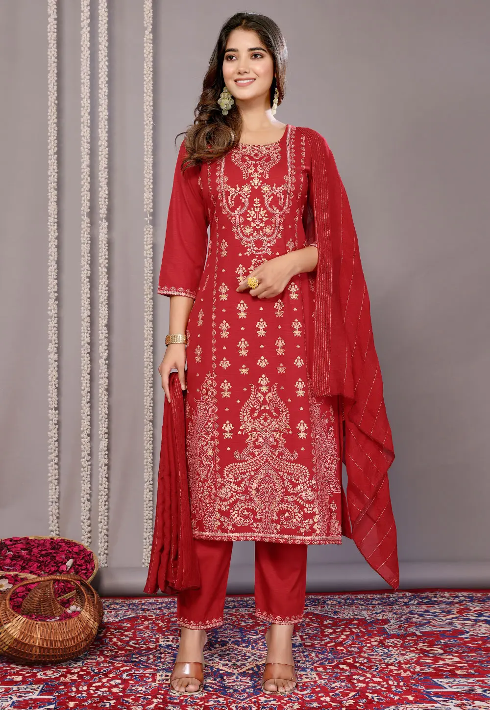 Red Cotton Readymade Pant Style Suit 303227