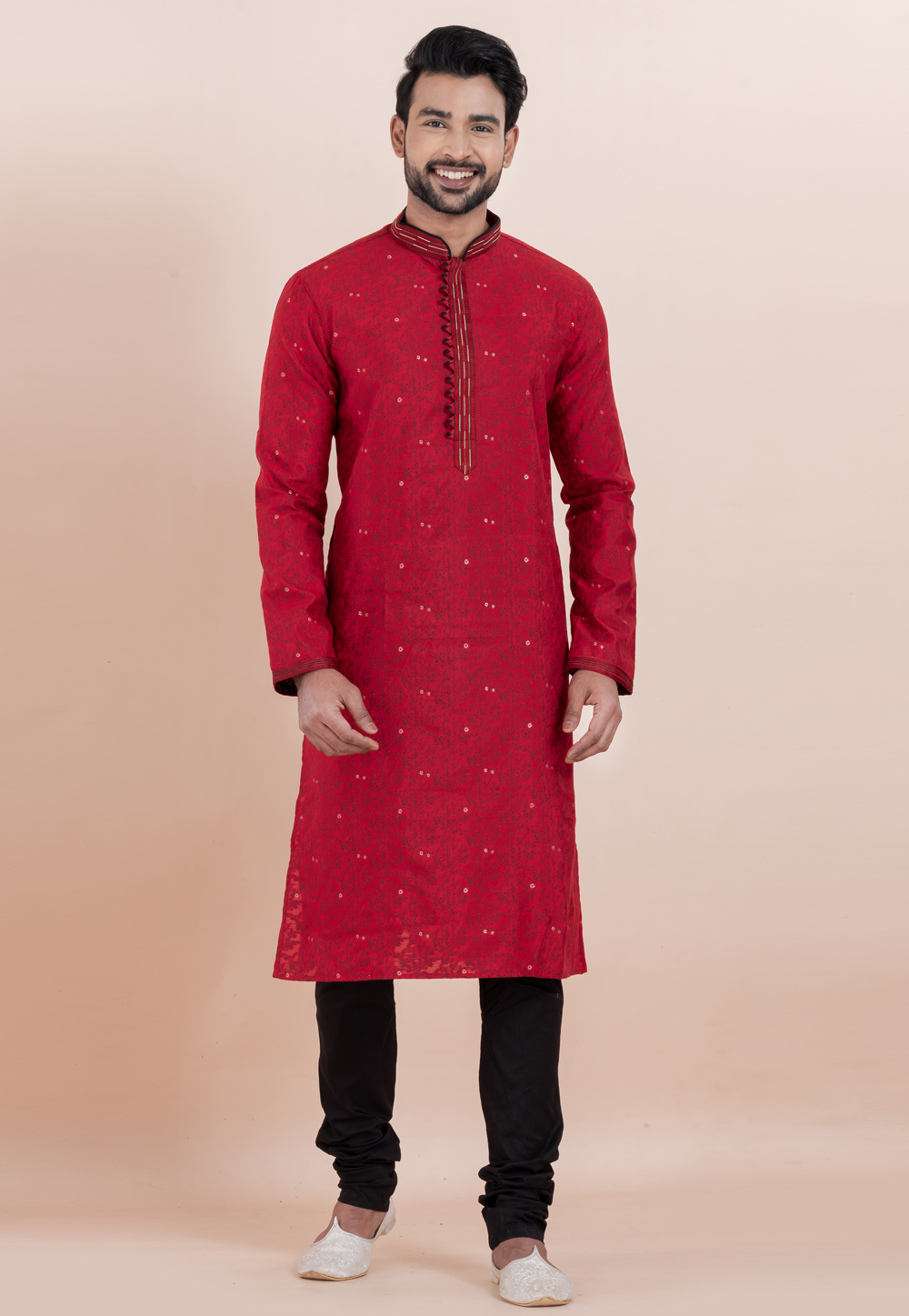 Red Cotton Silk Kurta Pajama 306019