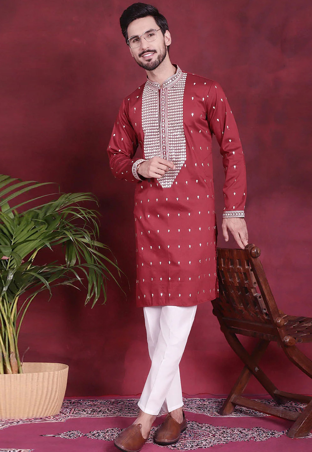 Red Cotton Silk Kurta Pajama 287128