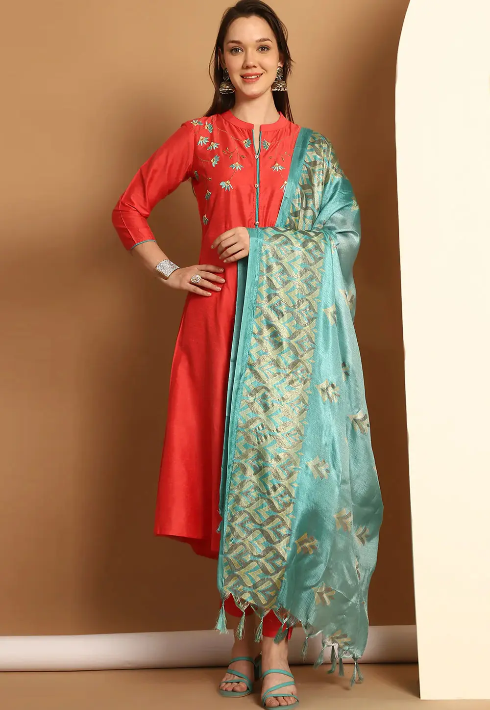 Red Cotton Silk Readymade Pant Style Suit 298351