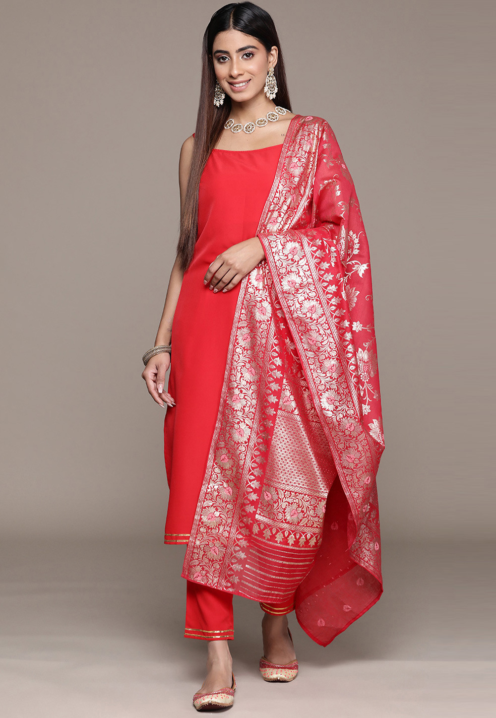 Red Crepe Readymade Pakistani Suit 305377