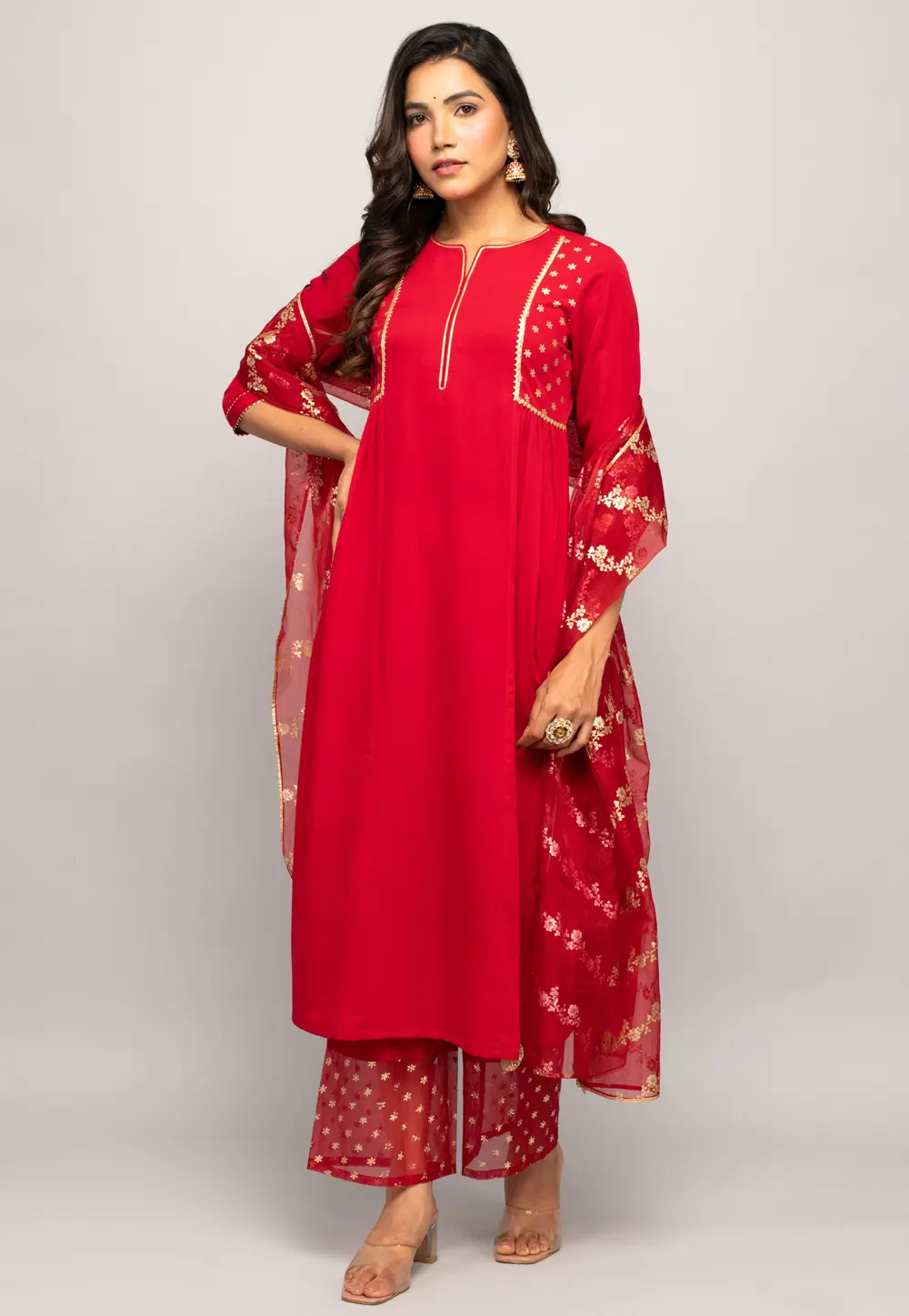 Red Crepe Readymade Palazzo Suit 301378