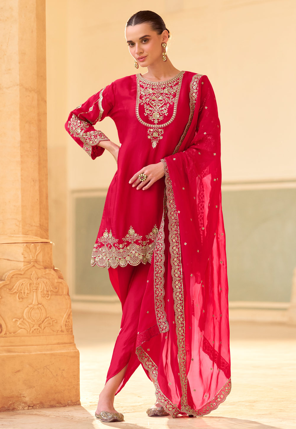Red Crepe Silk Dhoti Style Suit 310523
