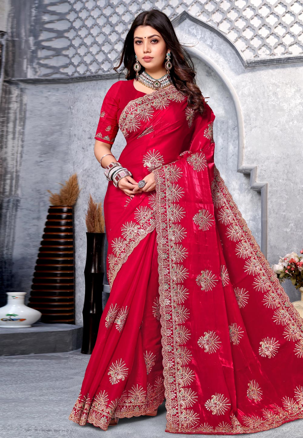Red Crepe Silk Saree With Blouse 283021