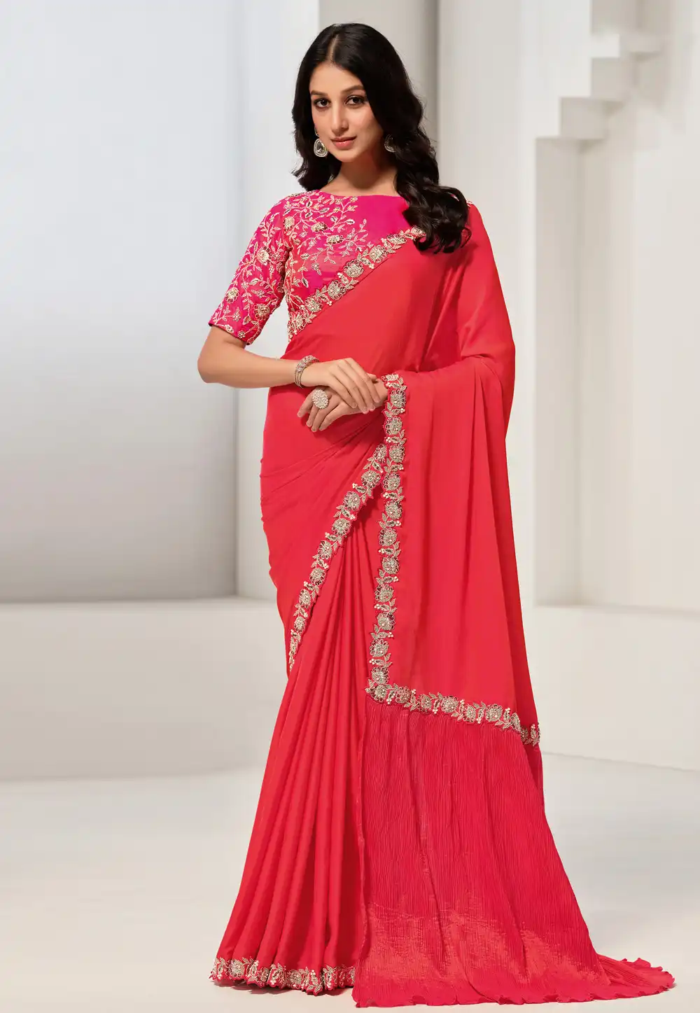 Red Crepe Silk Saree With Blouse 293071