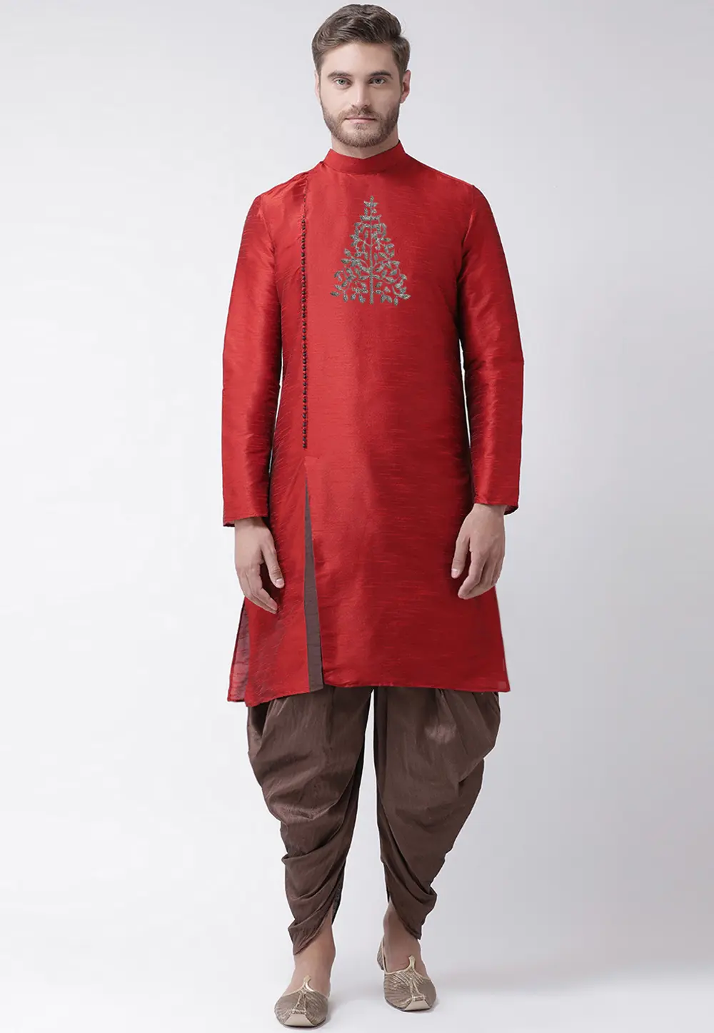 Red Dupion Silk Dhoti Kurta 304487