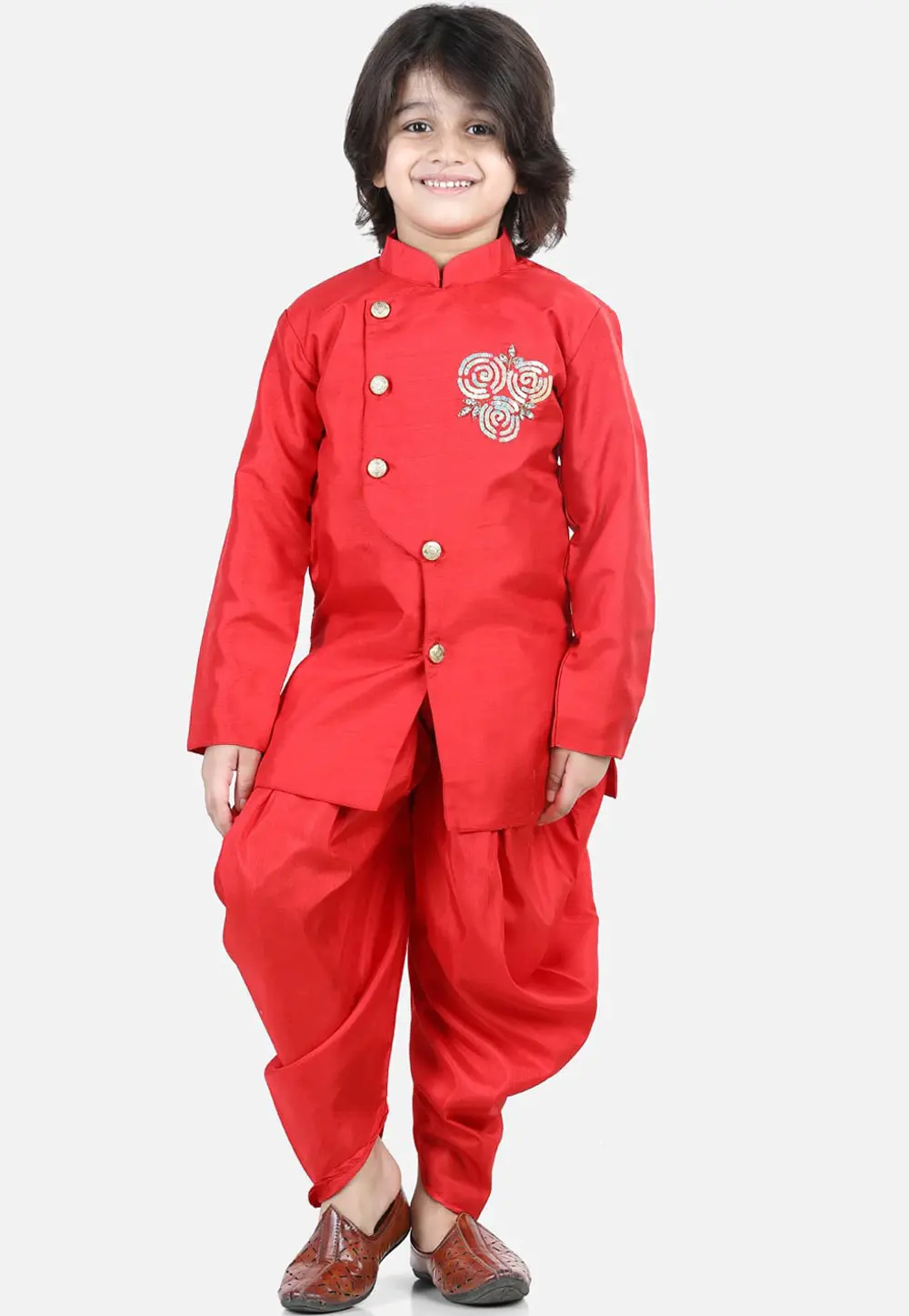 Red Dupion Silk Kids Dhoti Kurta 302094