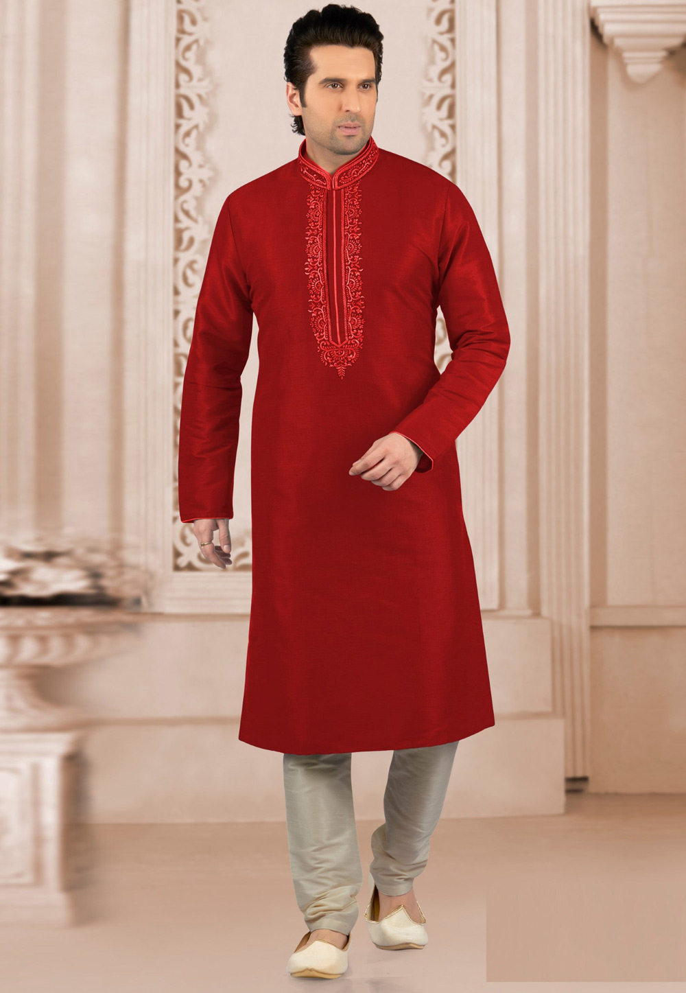 Red Dupion Silk Kurta Pajama 309769
