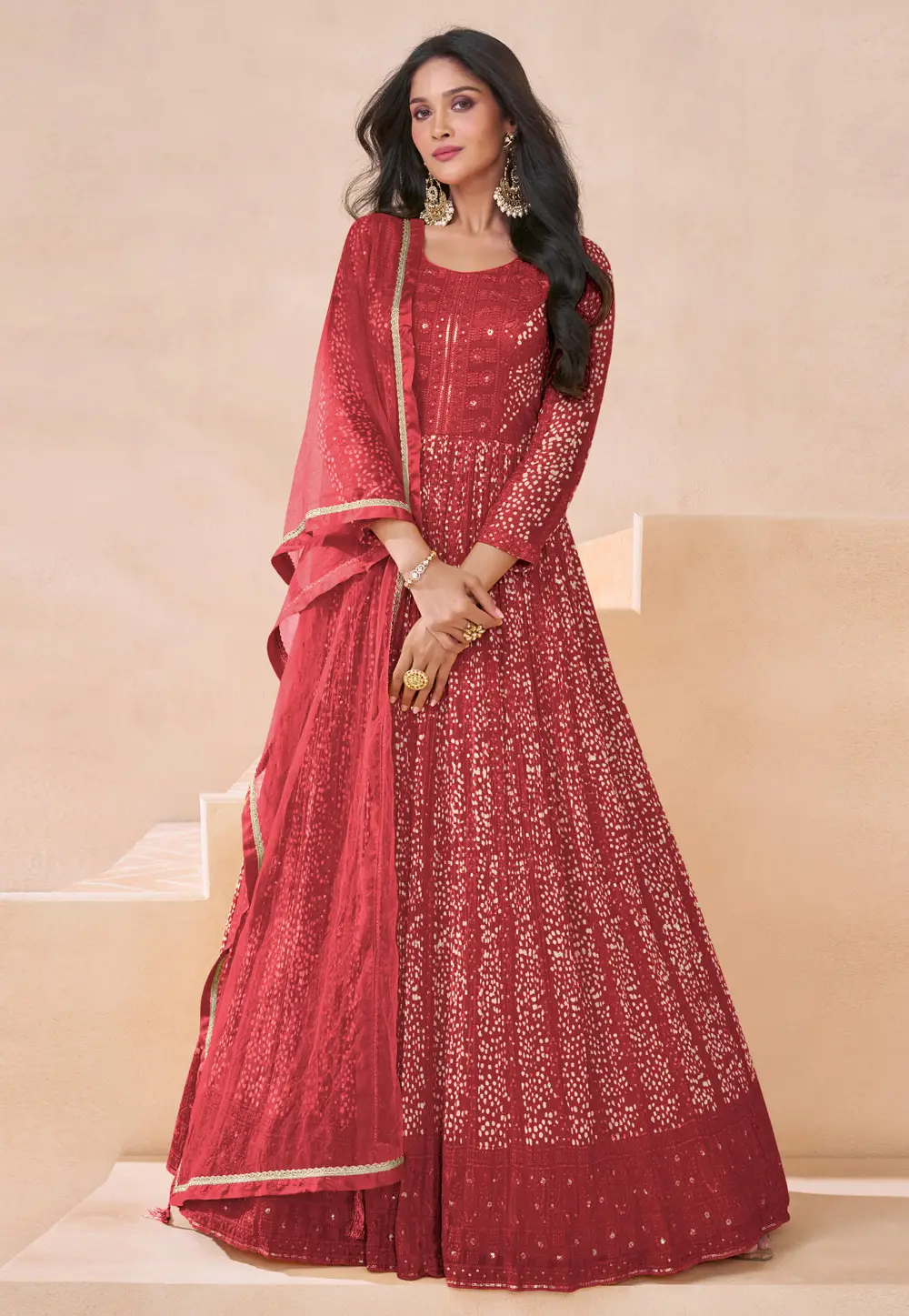 Red Faux Georgette Anarkali Suit 296452