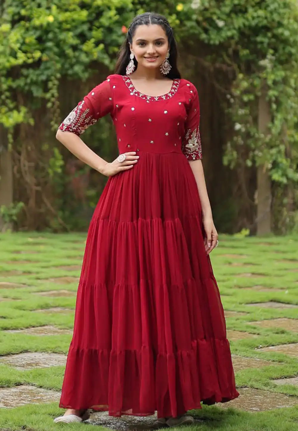 Red Faux Georgette Gown 295093