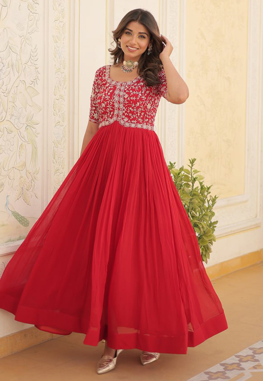 Red Faux Georgette Gown 286889