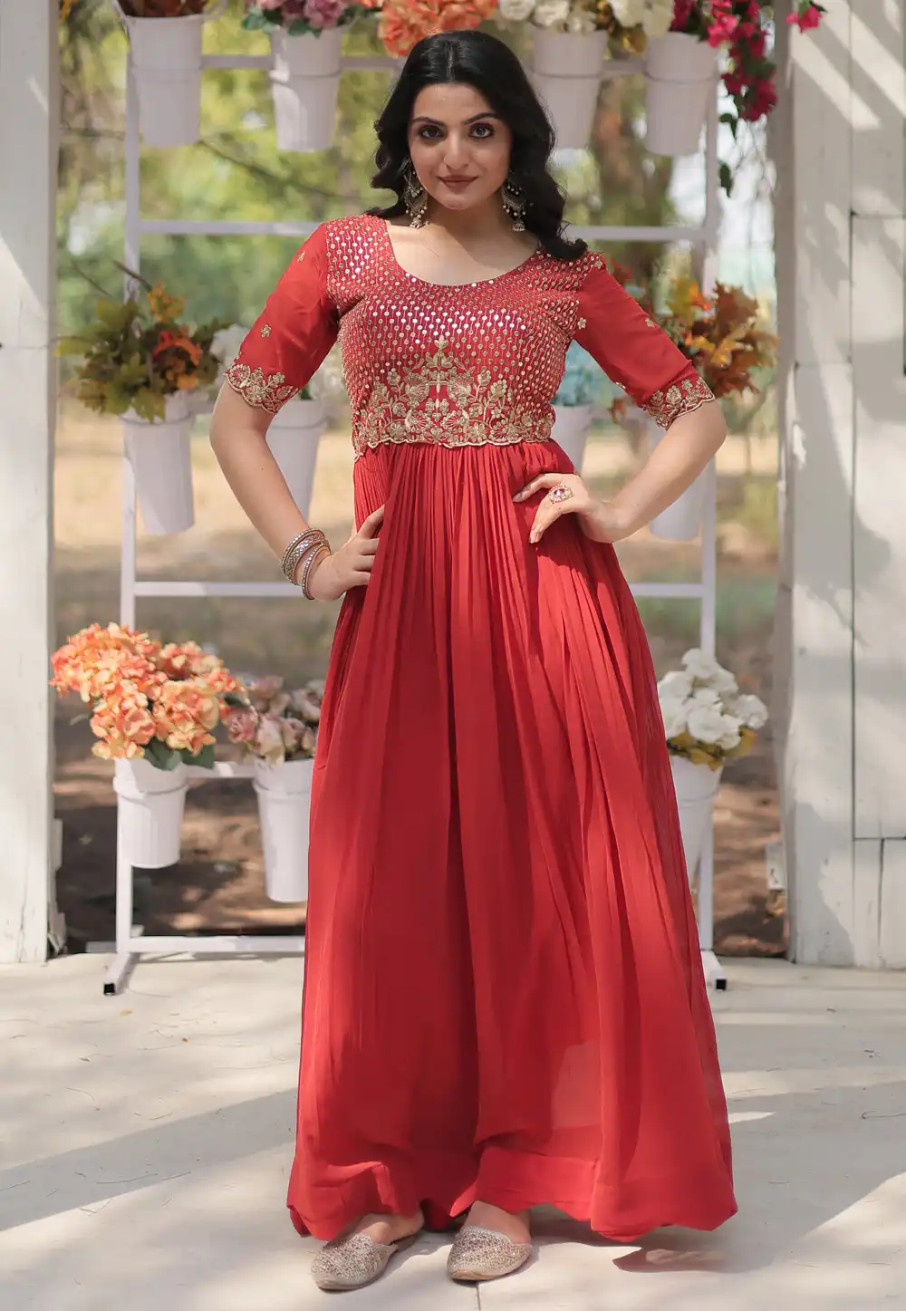 Red Faux Georgette Gown 290328