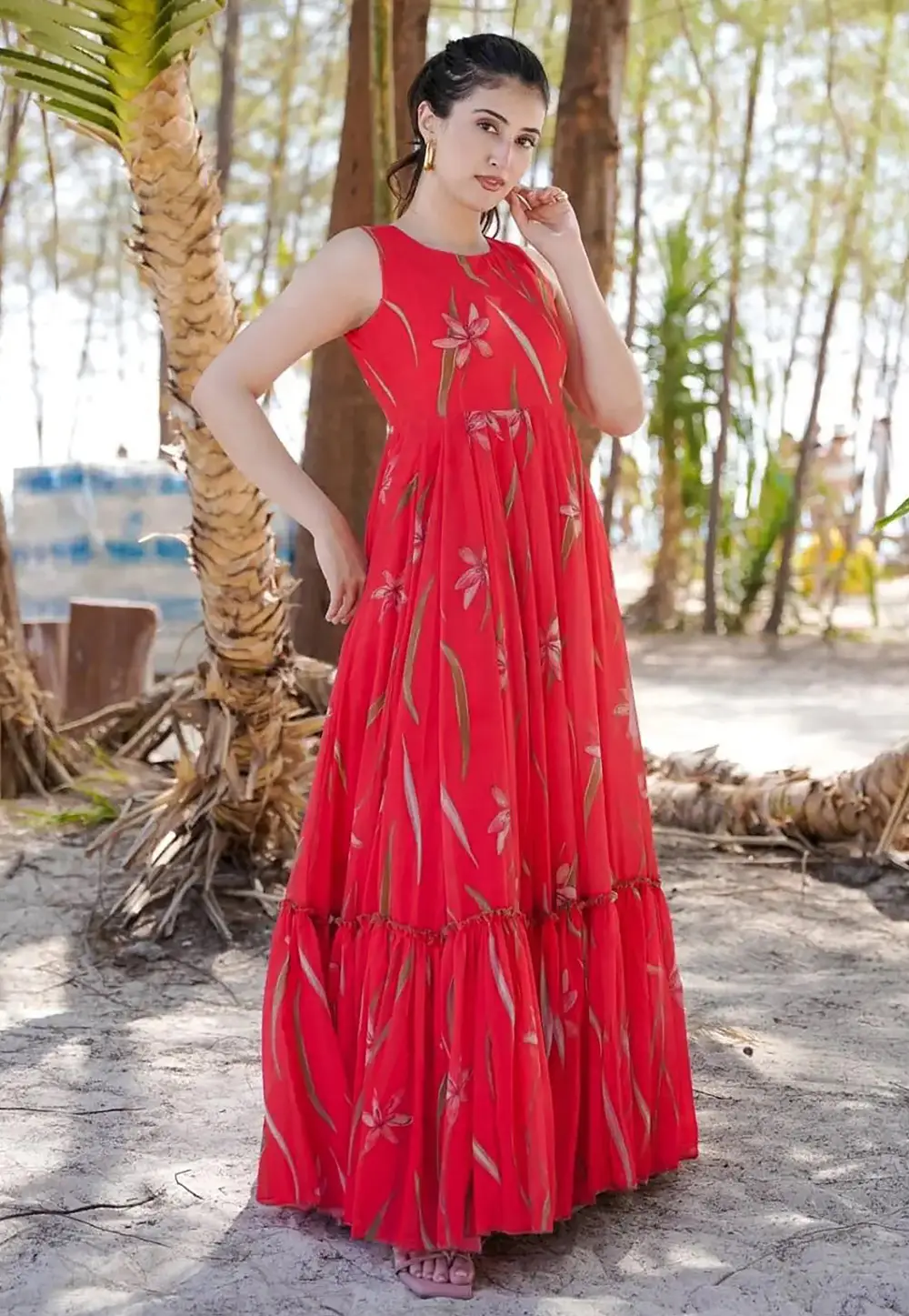 Red Faux Georgette Printed Gown 296747