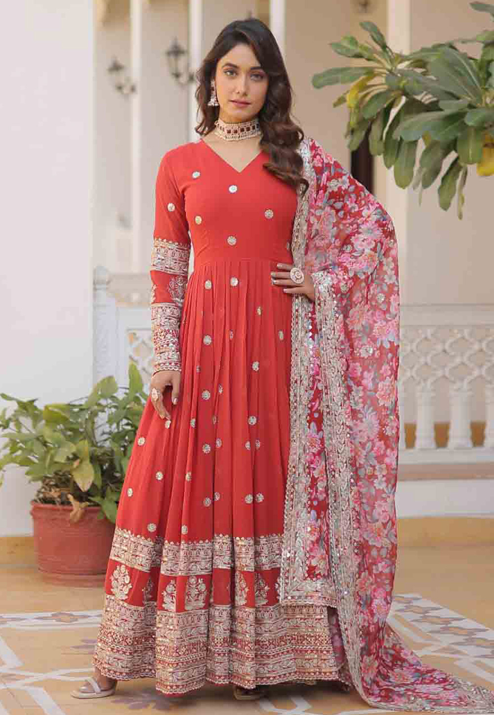 Red Faux Georgette Readymade Anarkali Suit 280754