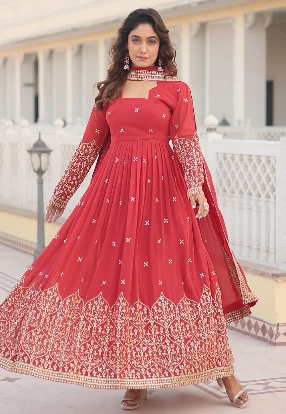 Red Faux Georgette Readymade Anarkali Suit 283695