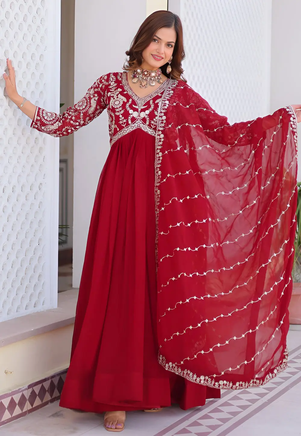 Red Faux Georgette Readymade Anarkali Suit 298667