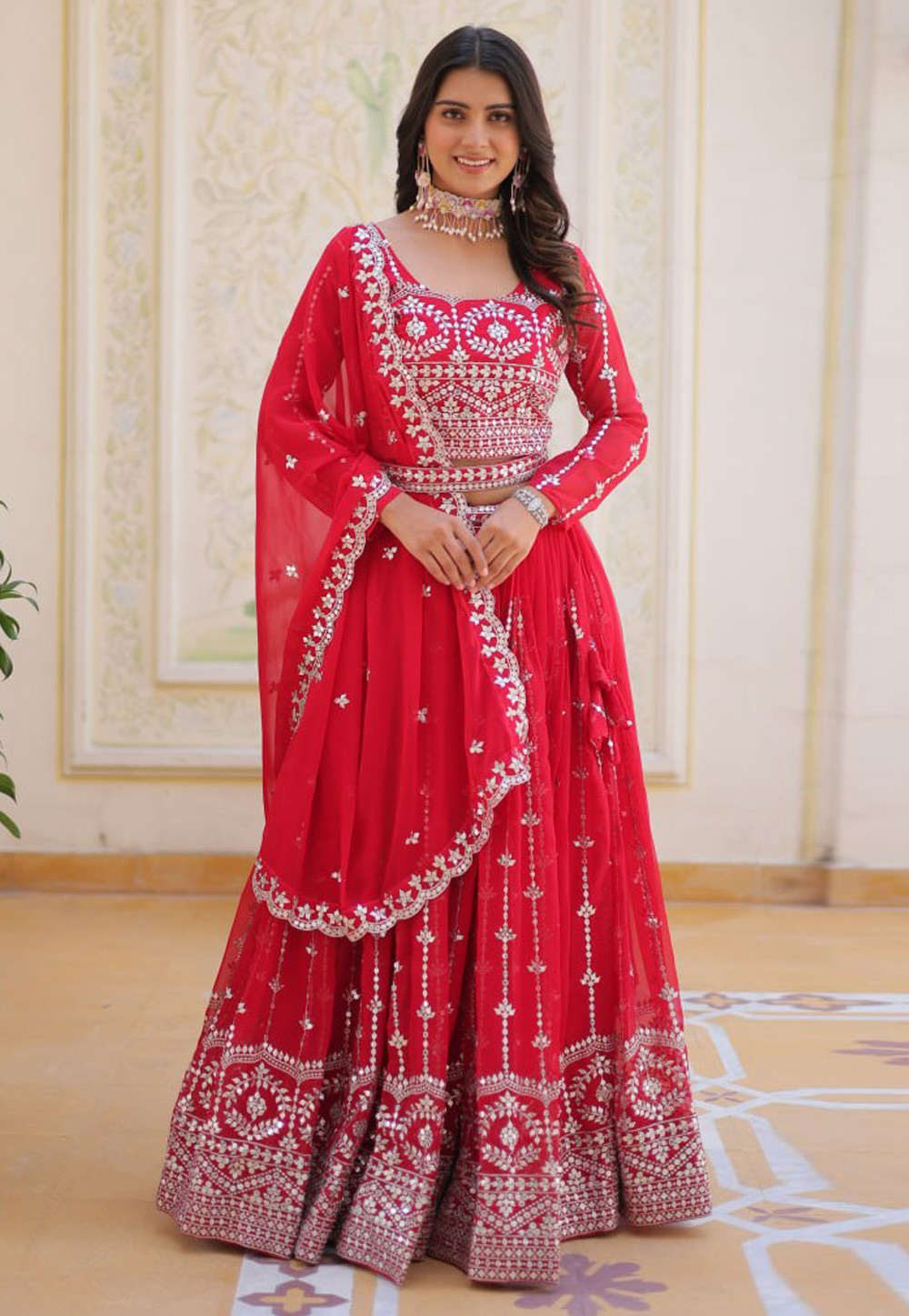 Red Faux Georgette Readymade Circular Lehenga Choli 305549