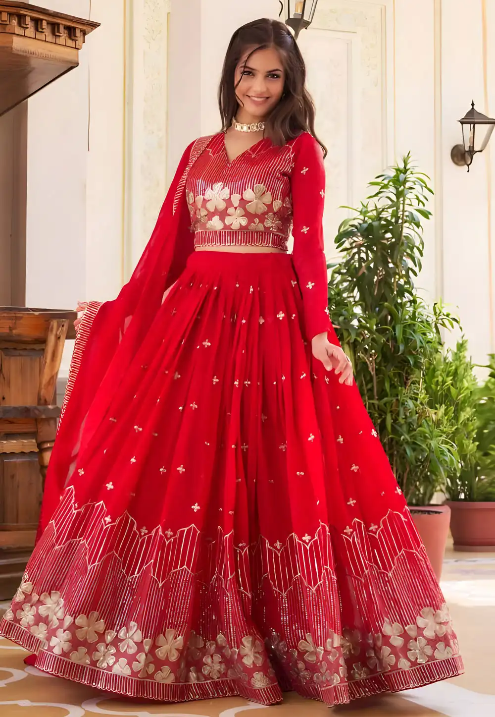 Red Faux Georgette Readymade Circular Lehenga Choli 294299