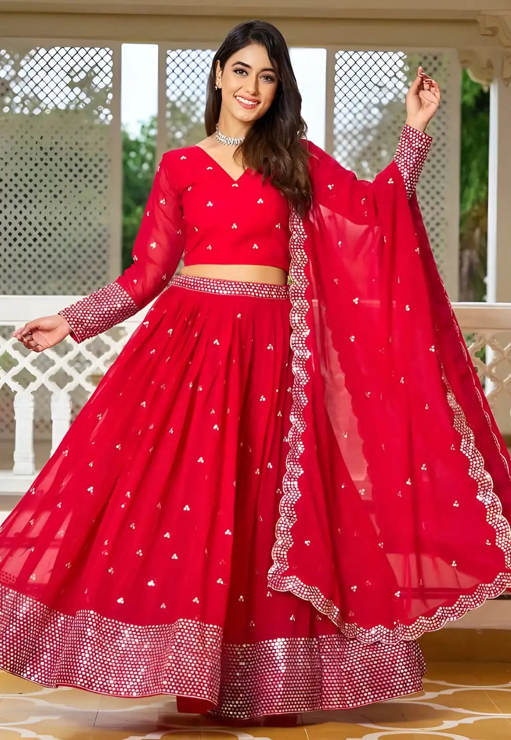 Red Faux Georgette Readymade Circular Lehenga Choli 294704