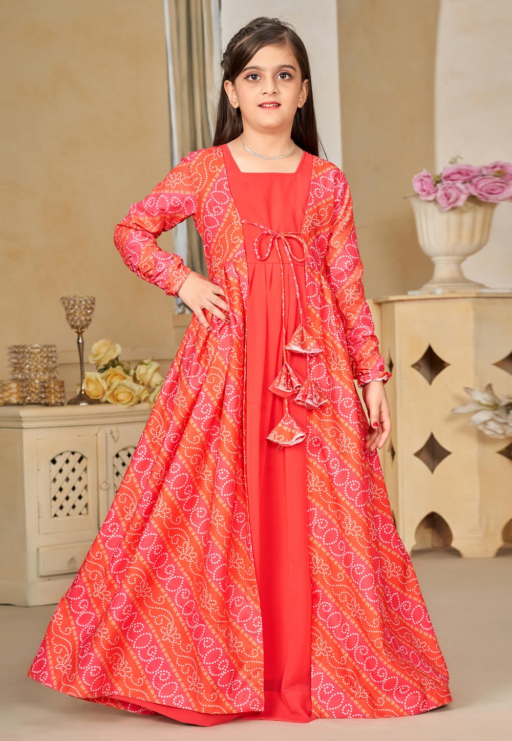 Red Faux Georgette Readymade Kids Gown With Jacket 285073