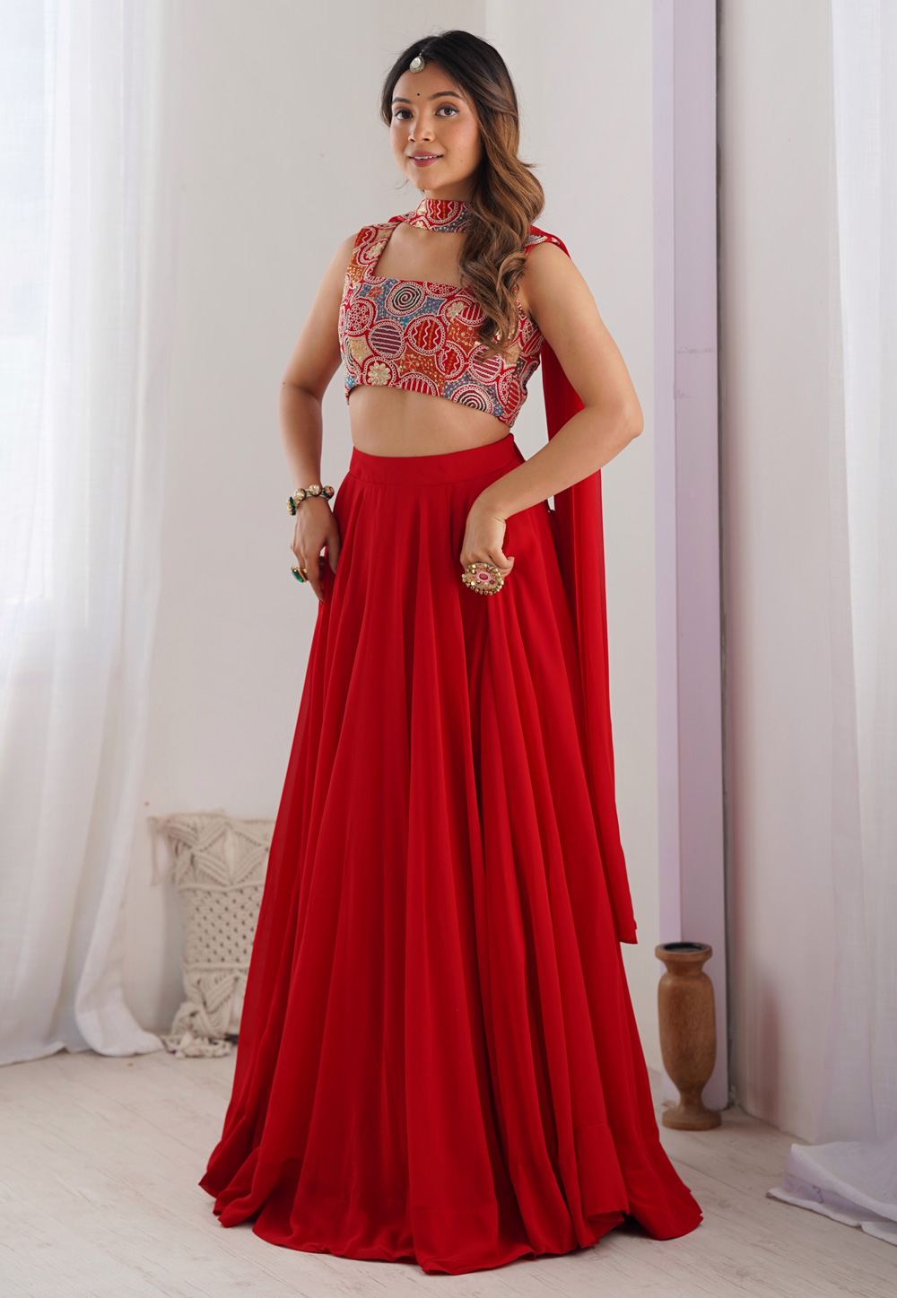 Red Faux Georgette Readymade Lehenga Choli 305115