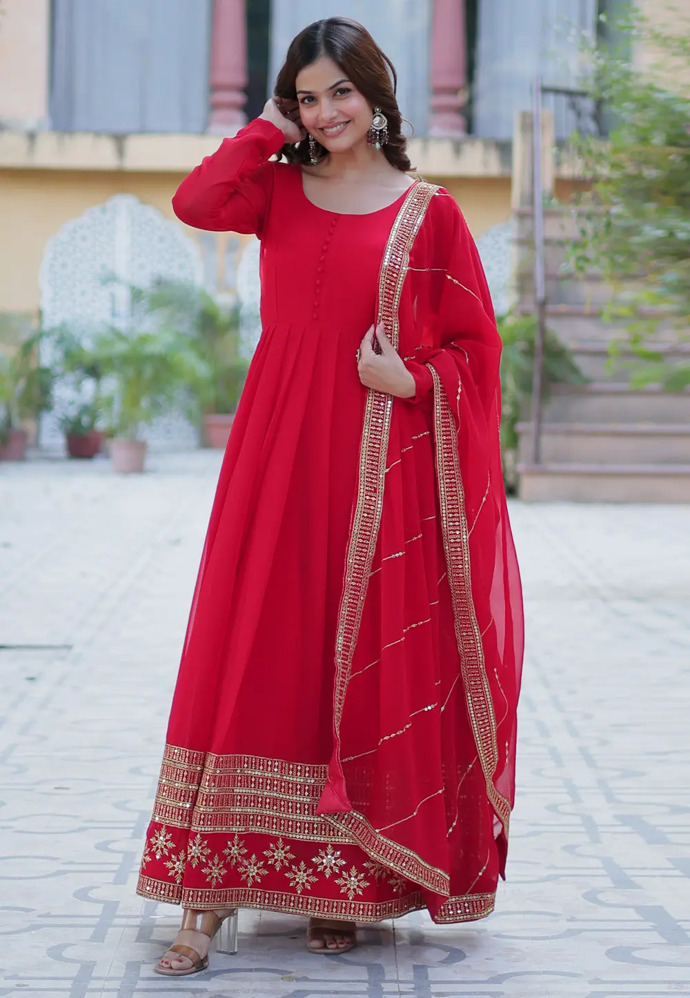 Red Faux Georgette Readymade Long Anarkali Suit 304057