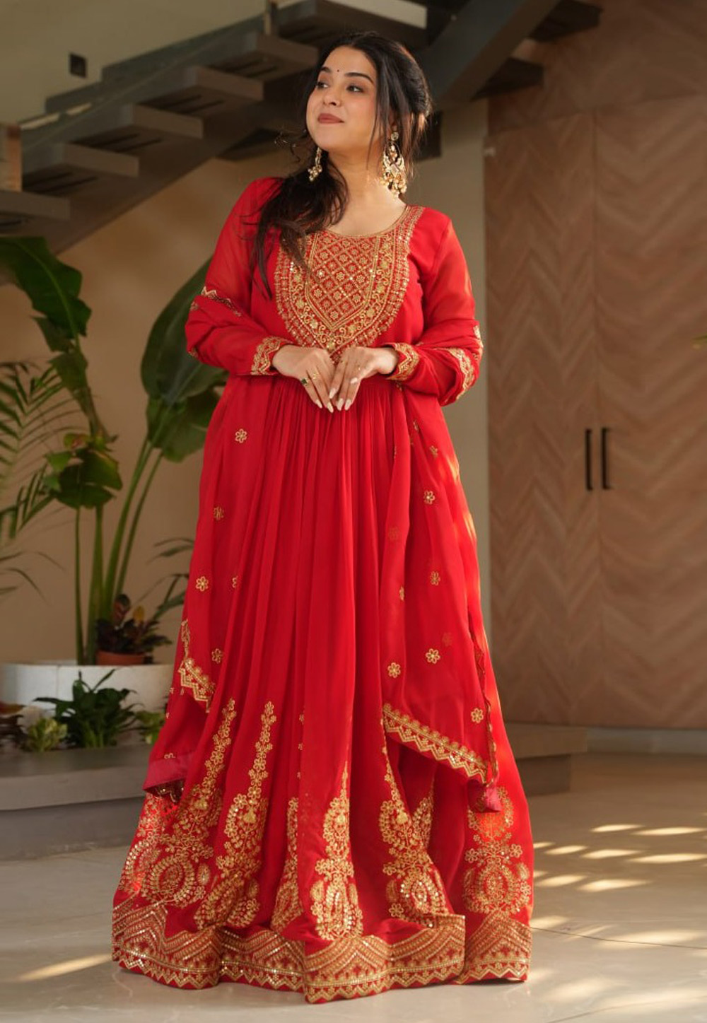Red Faux Georgette Readymade Long Anarkali Suit 310388