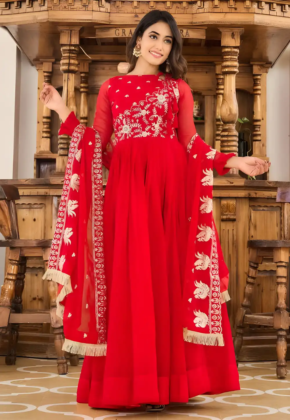 Red Faux Georgette Readymade Long Anarkali Suit 294116