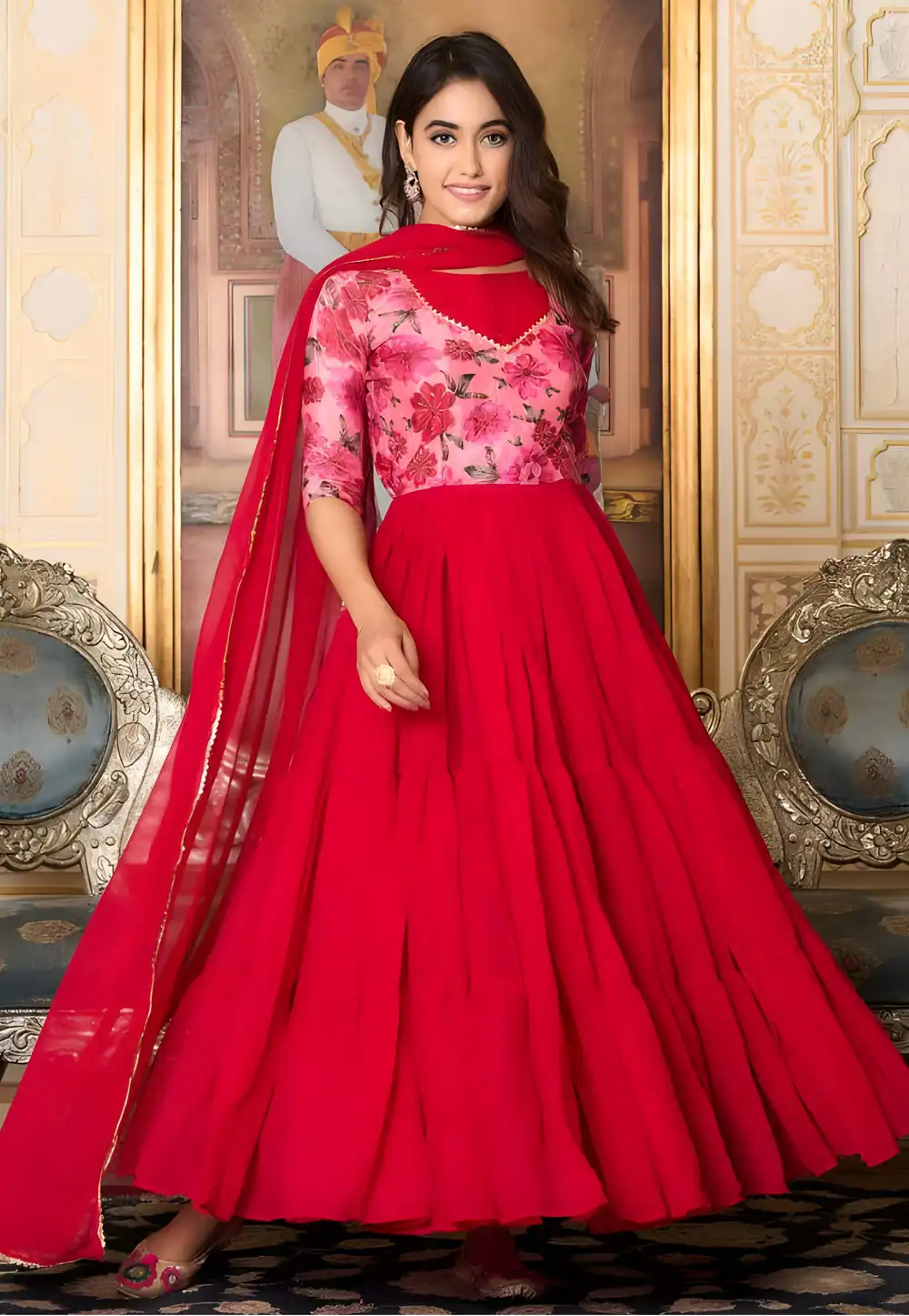 Red Faux Georgette Readymade Long Anarkali Suit 294301