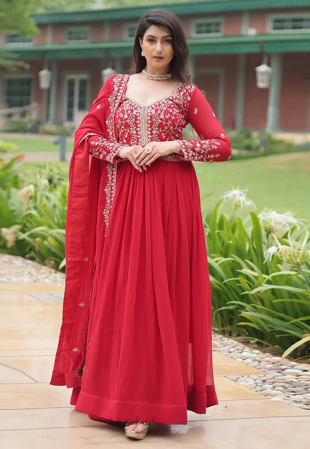 Red Faux Georgette Readymade Long Anarkali Suit 299163