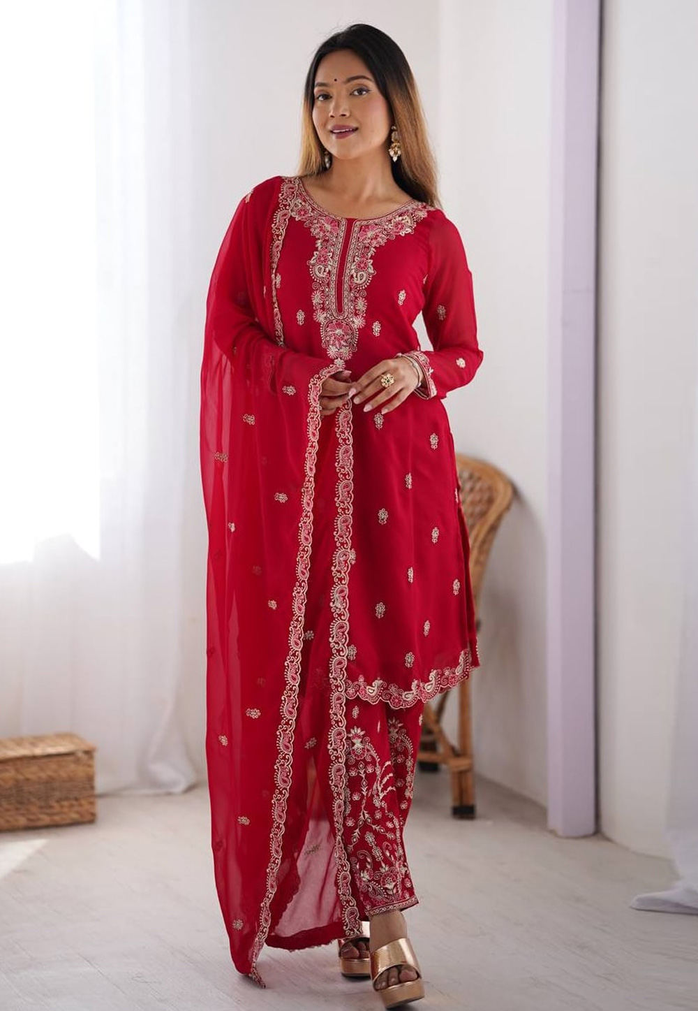 Red Faux Georgette Readymade Pakistani Suit 310980