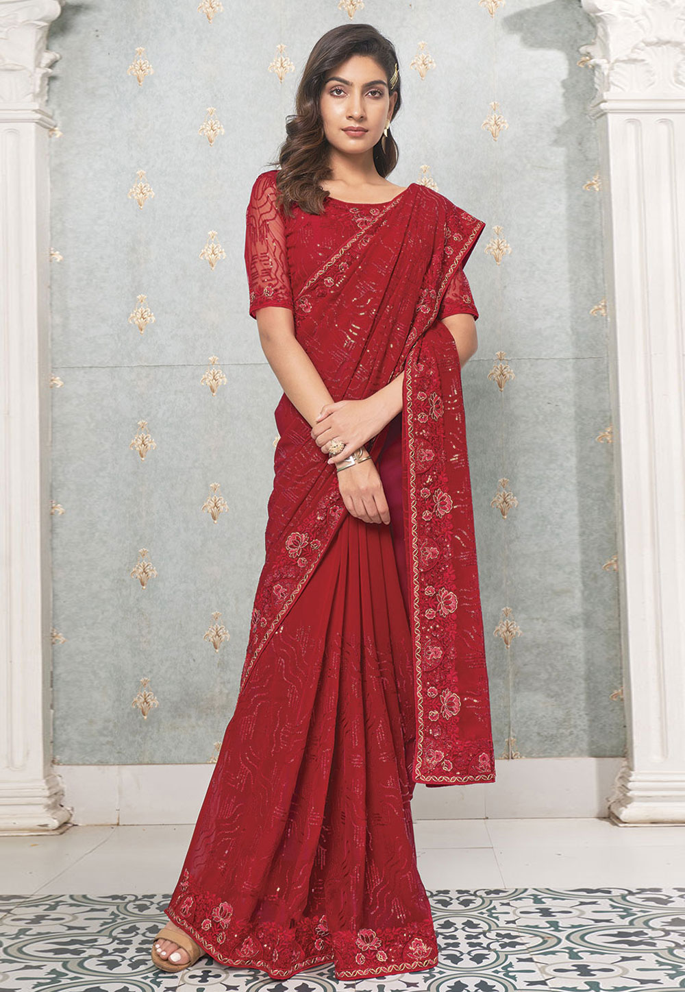Red Faux Georgette Saree With Blouse 279842