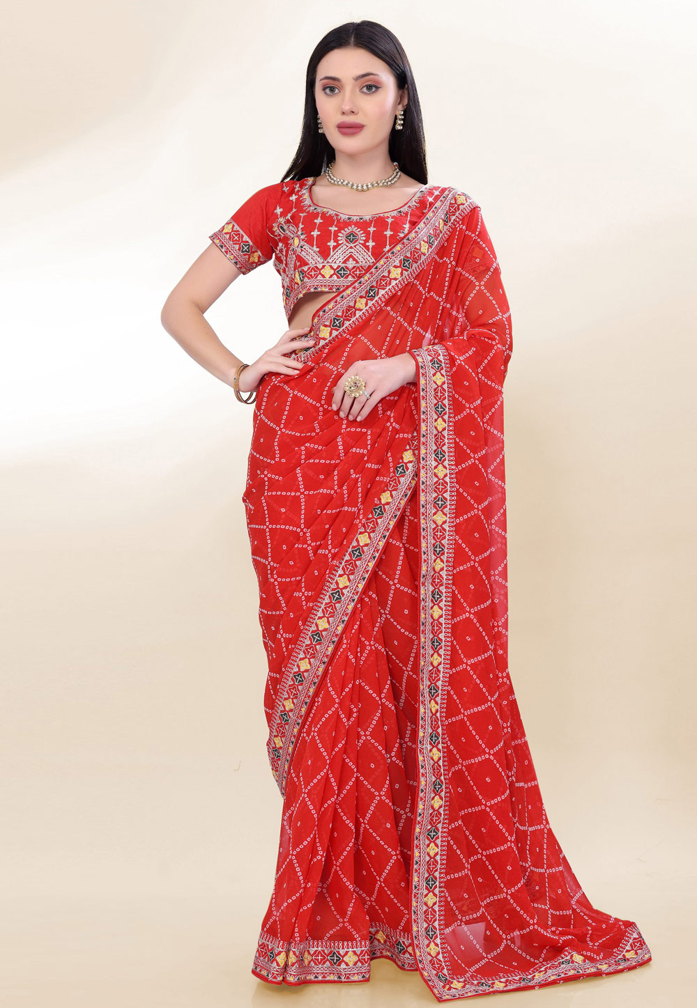 Red Georgette Bandhani Print Saree 305682