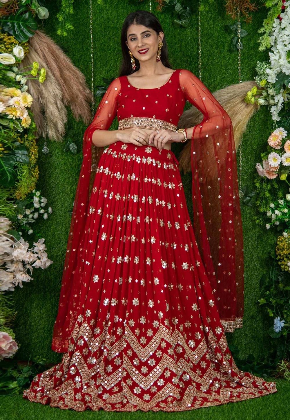 Red Georgette Circular Lehenga Choli 309188