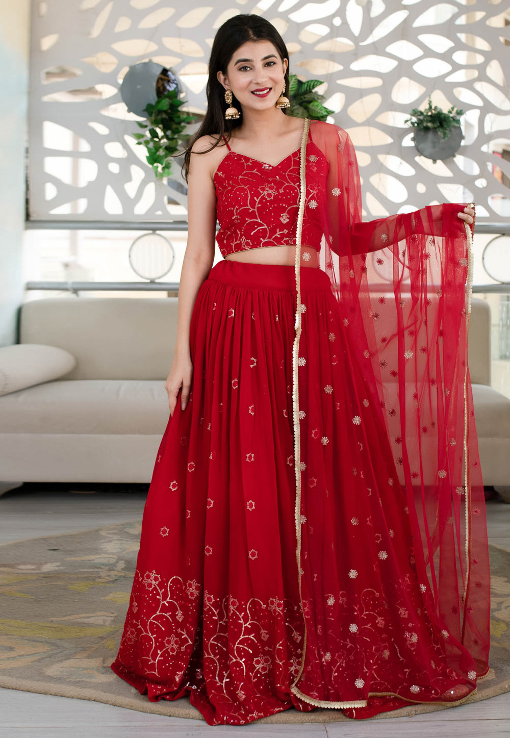 Red Georgette Circular Lehenga Choli 309192