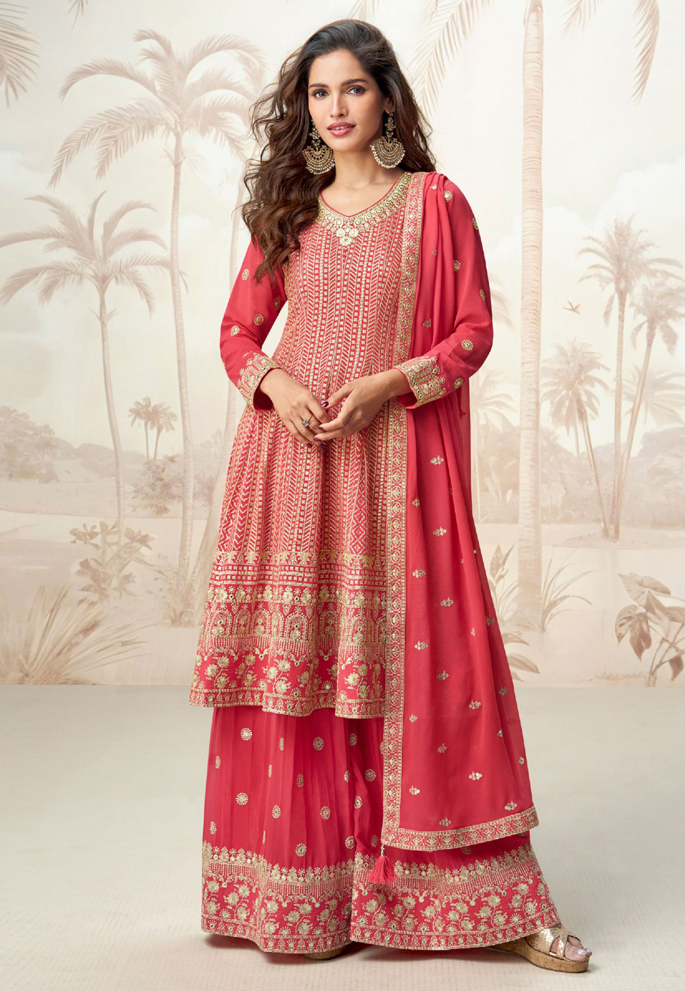 Red Georgette Embroidered Palazzo Suit 310518
