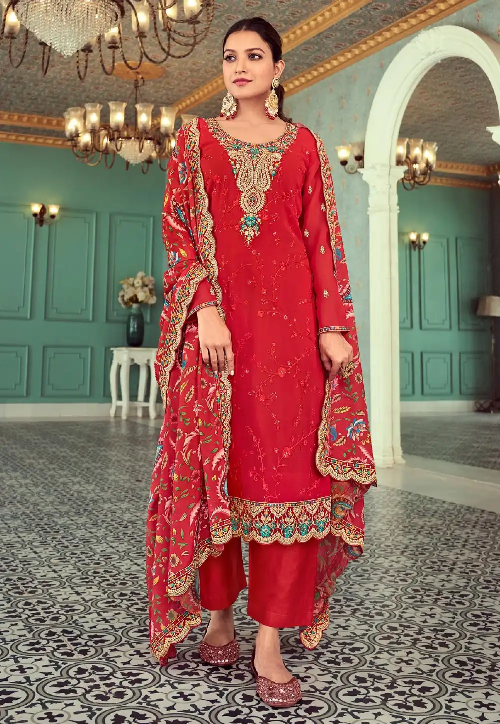 Red Georgette Palazzo Suit 291659