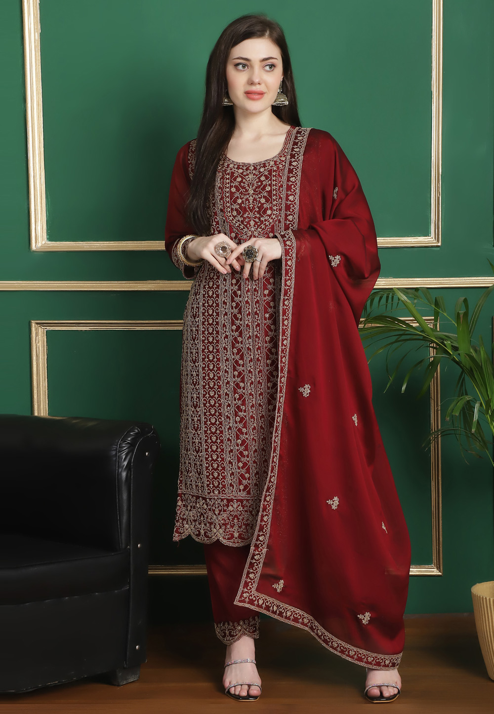 Red Georgette Pant Style Suit 309896