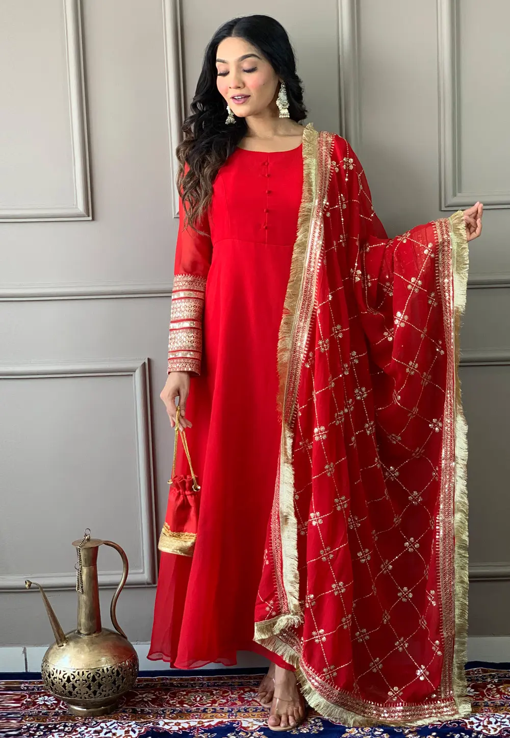 Red Georgette Readymade Anarkali Suit 300102