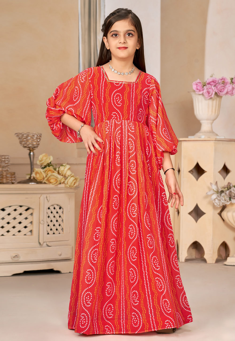 Red Georgette Readymade Kids Gown 283866