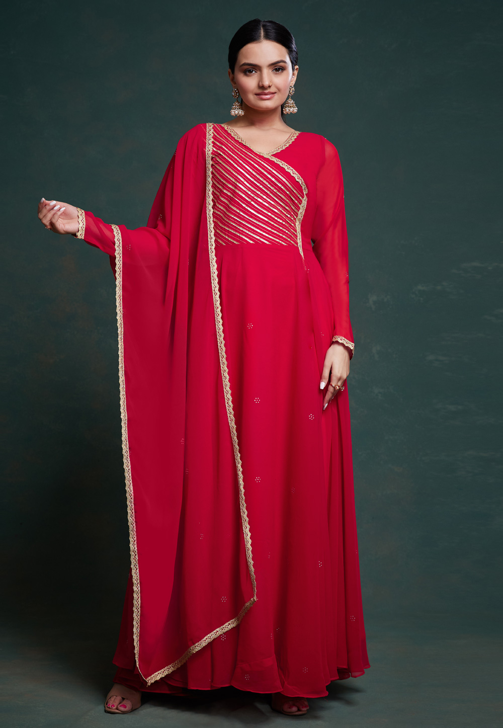 Red Georgette Readymade Long Anarkali Suit 287400