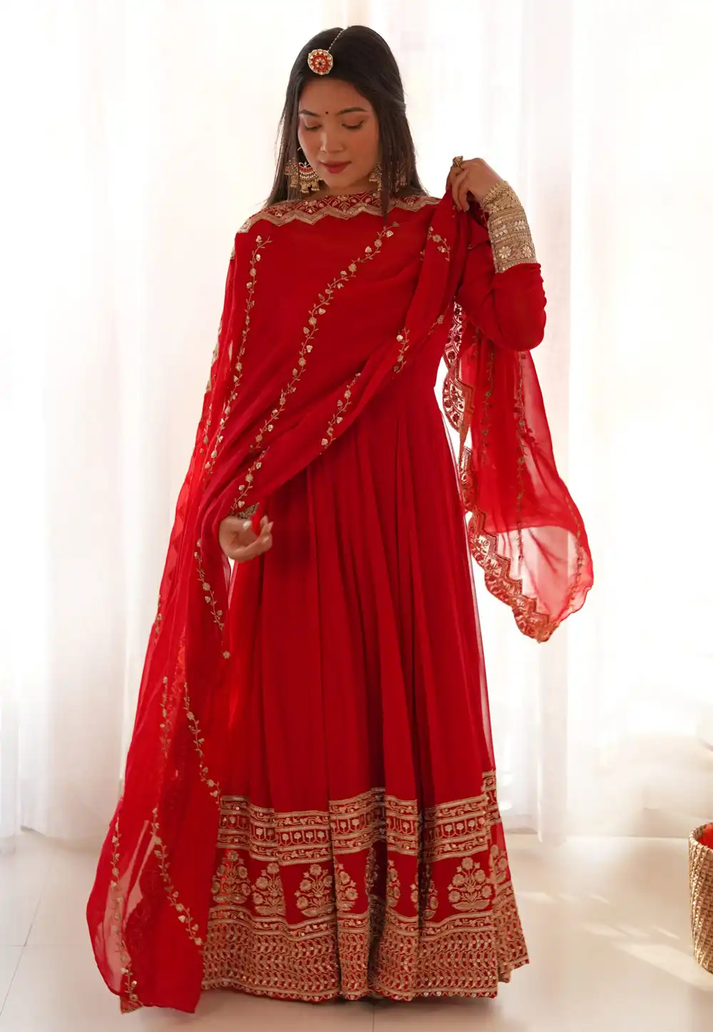 Red Georgette Readymade Long Anarkali Suit 294690