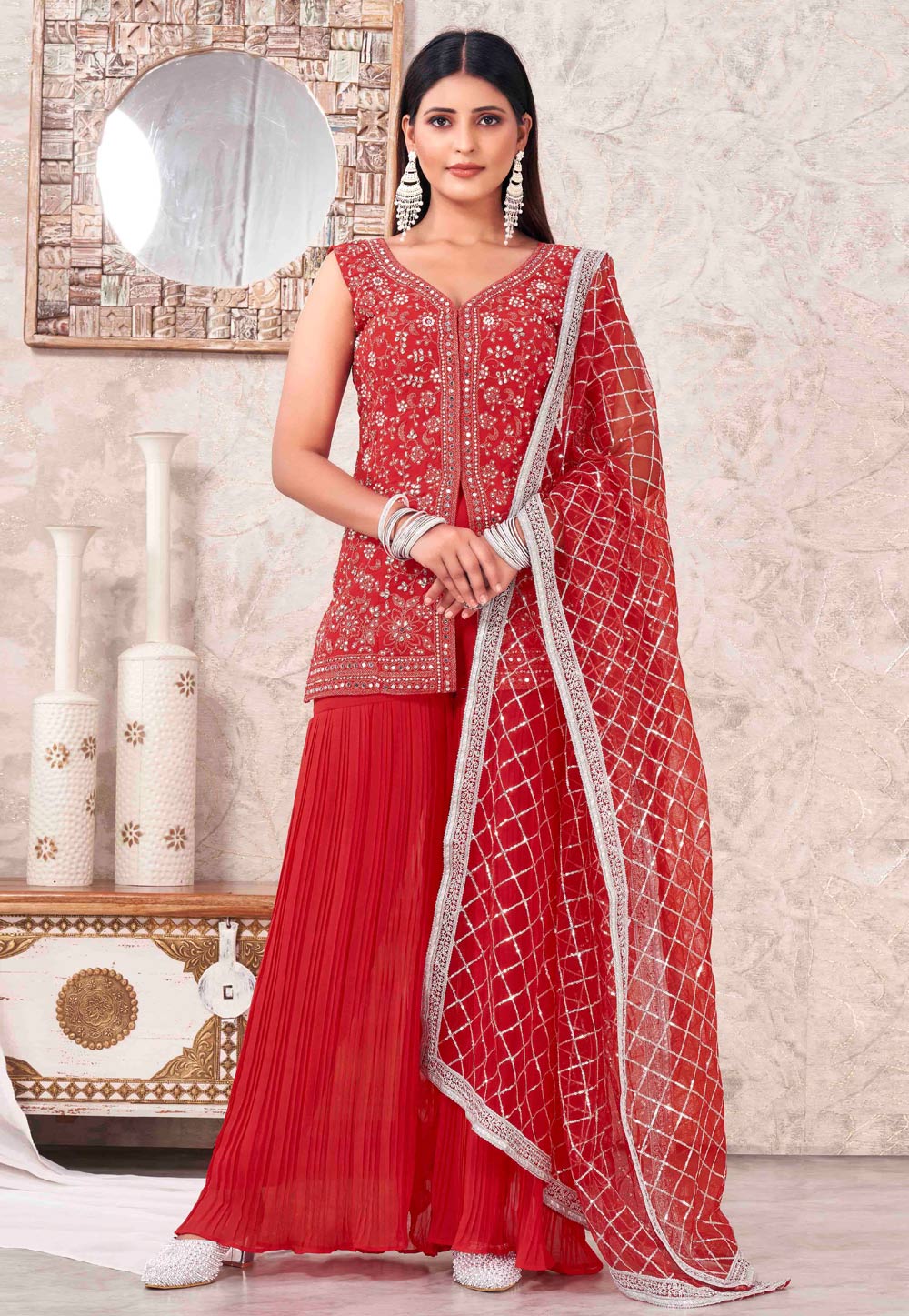 Red Georgette Readymade Sharara Suit 286519