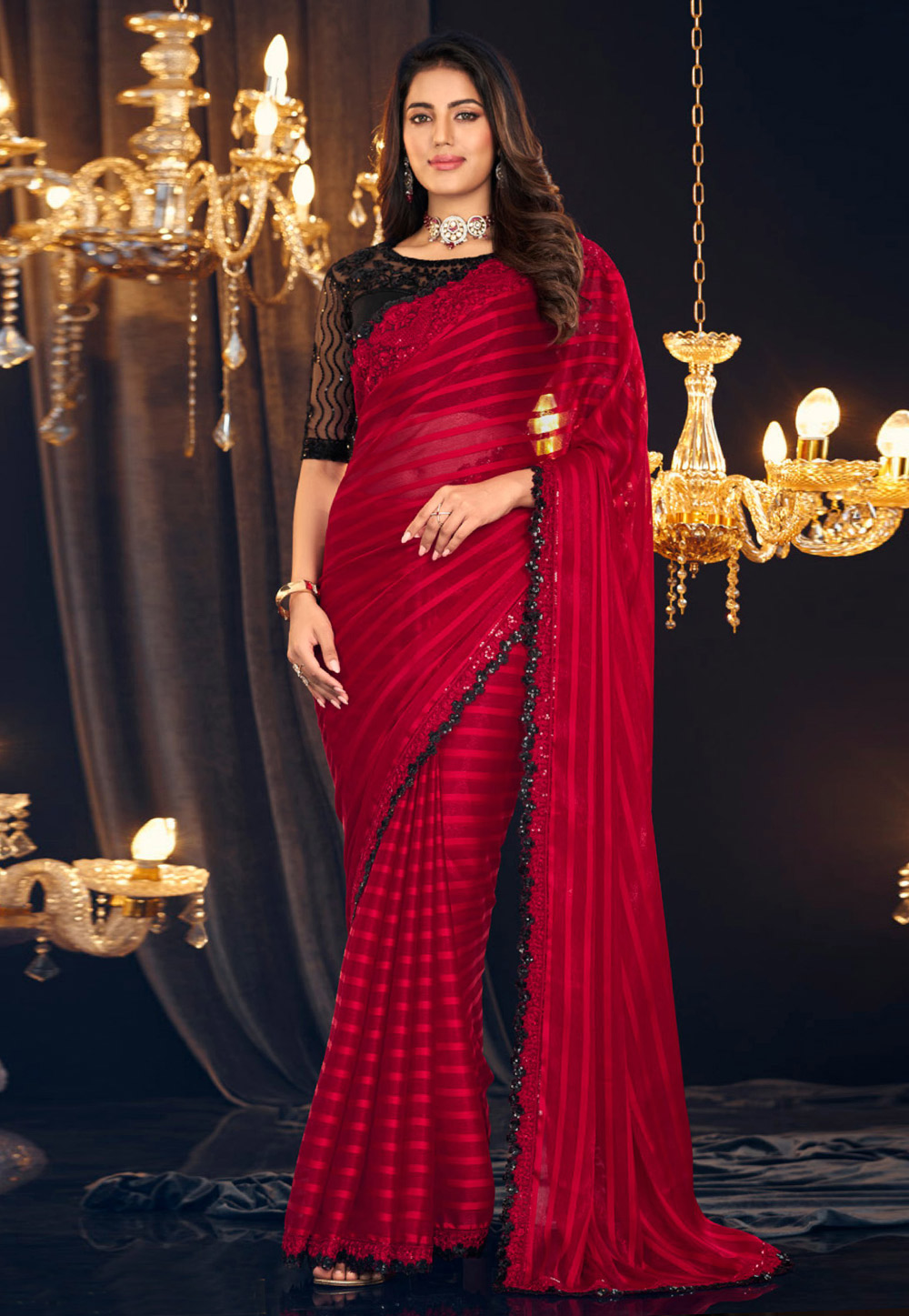 Red Georgette Satin Saree With Blouse 286509
