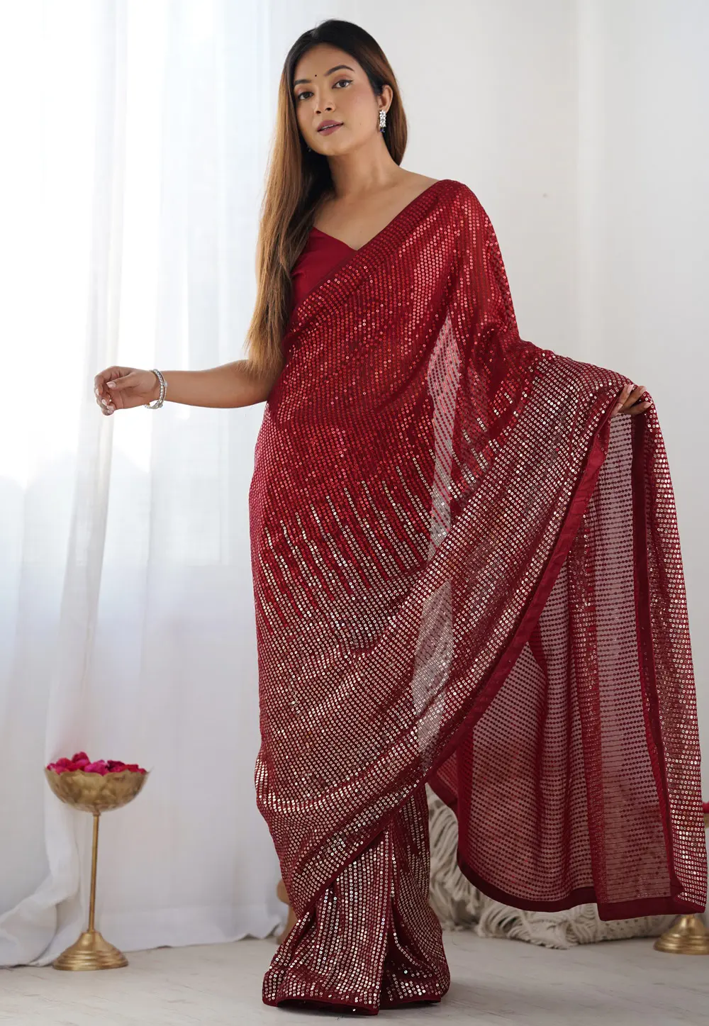 Red Georgette Sequence Saree 301225