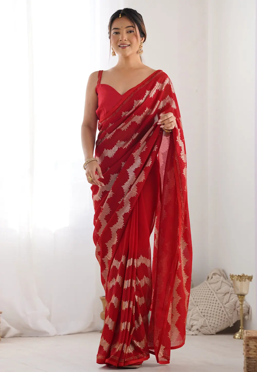 Red Georgette Sequence Saree 301546