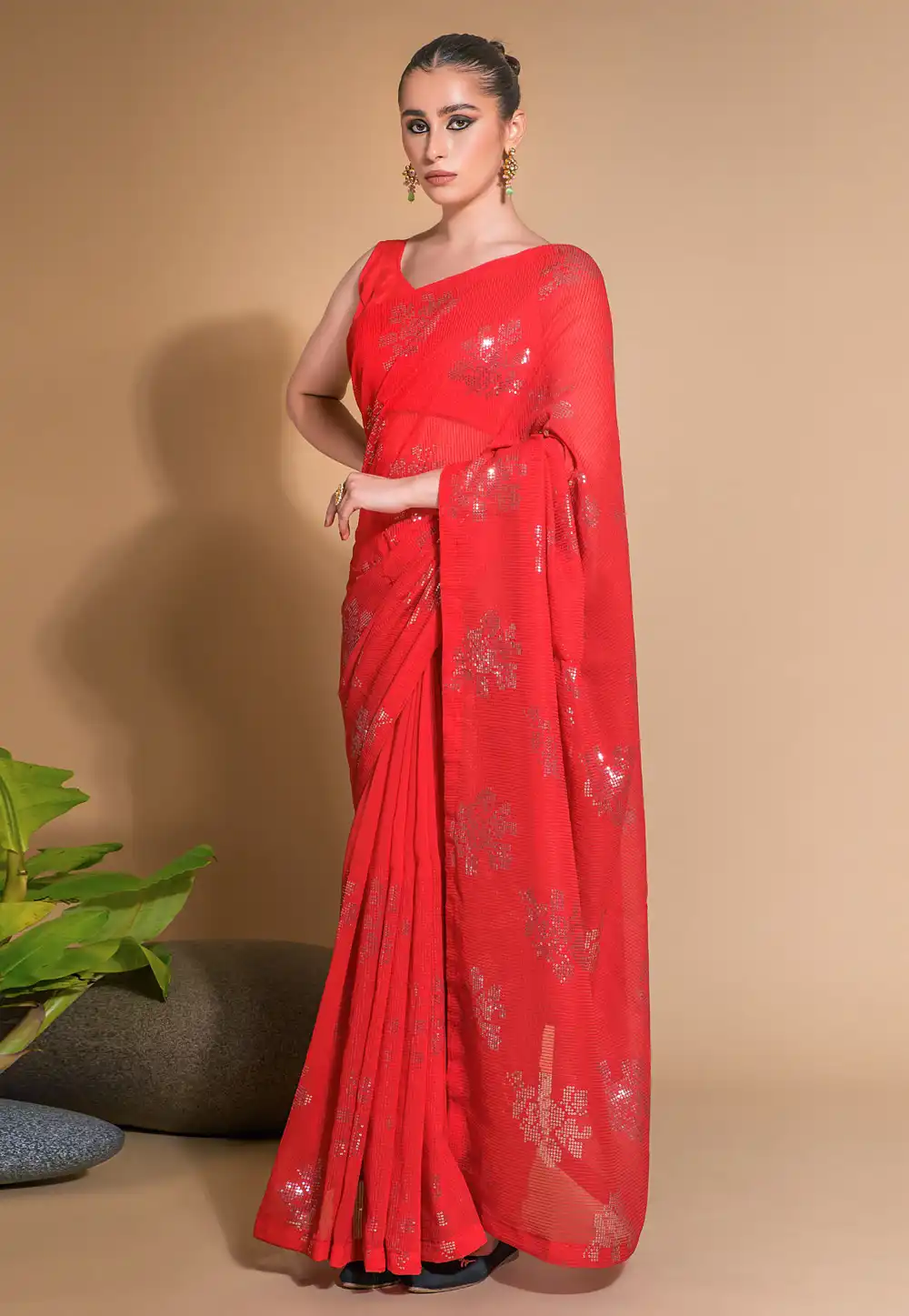 Red Georgette Sequence Saree 291491